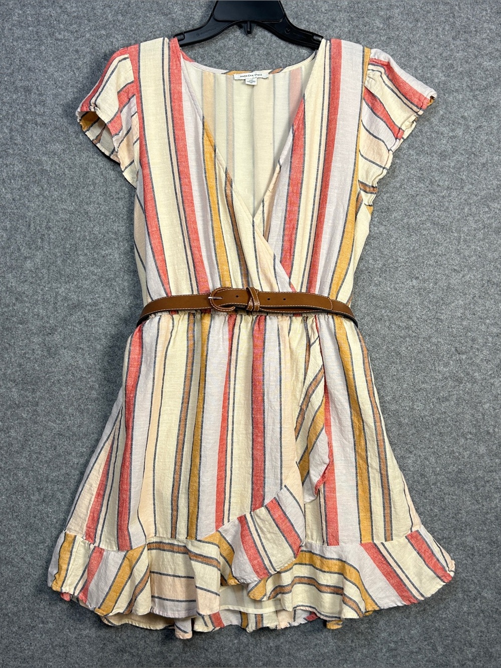 American Eagle Striped Faux Wrap Belted Mini Dress Boho-Chic Festival Vacay